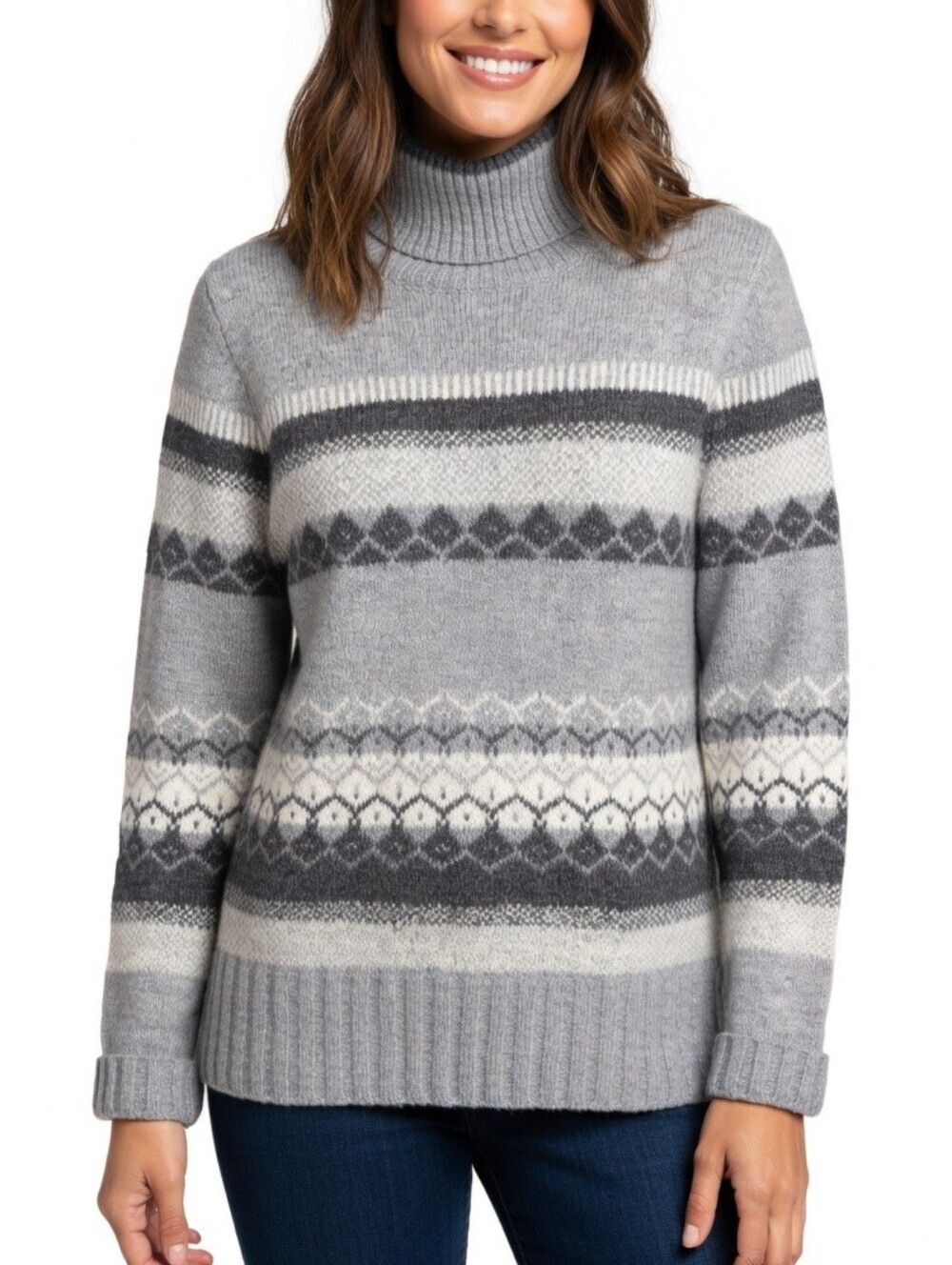 Aspen Grey and White Patterned Knit Mock Neck Sweater Size M